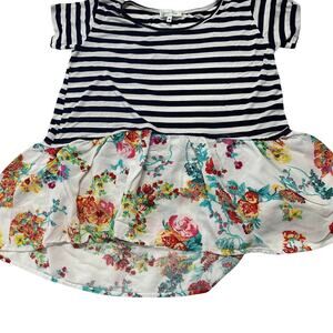 Grace Lace Babydoll Tunic Top Women Size S Blue White Striped Floral Rayon